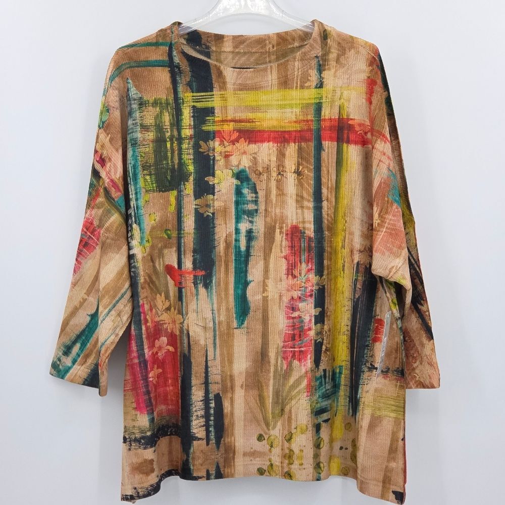 Ali Miles Shirt Tunic Womens Size XL Brown Floral Lagenlook Lagom Work Artsy